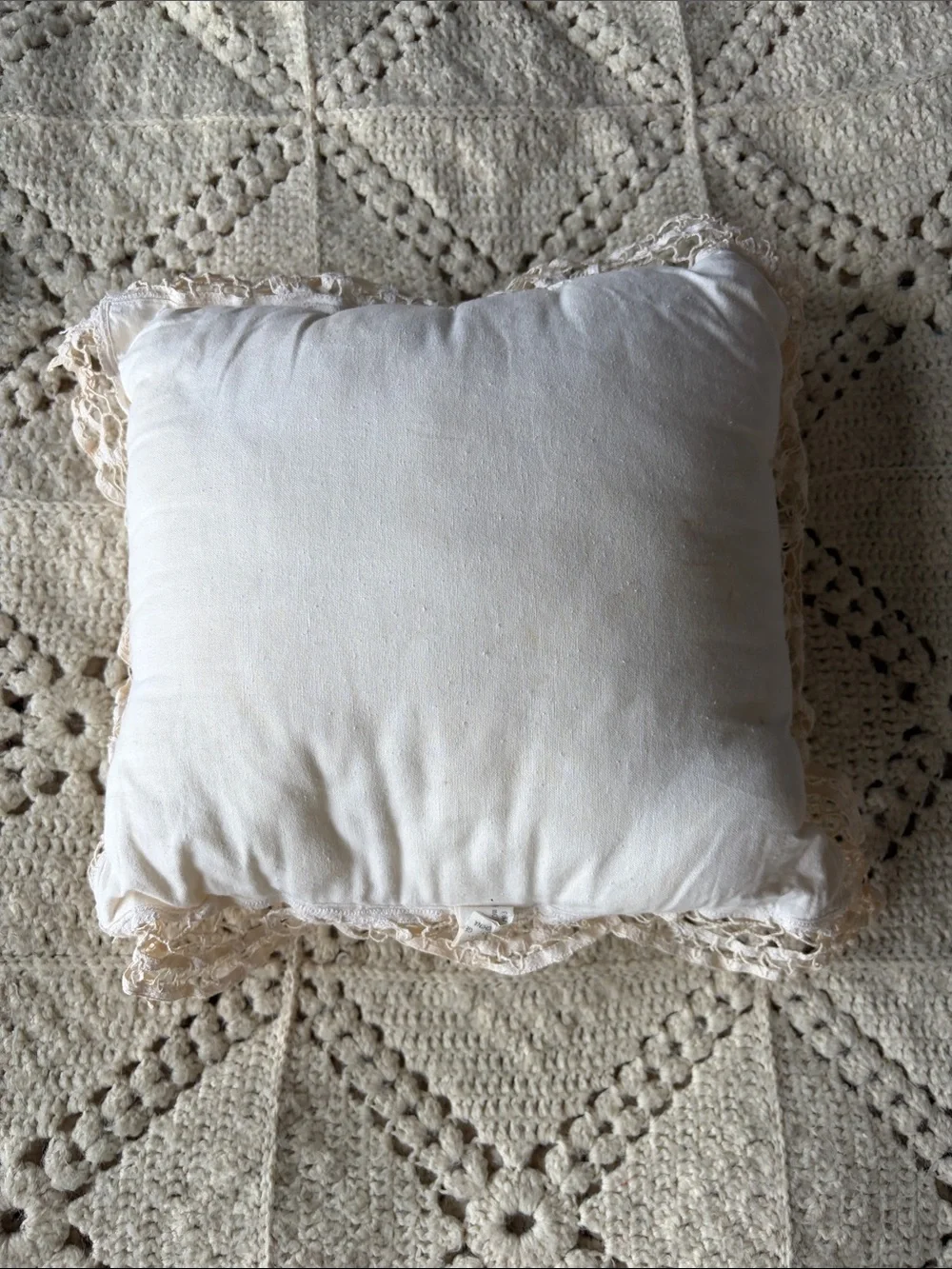 Handcrafted vintage Cream Decorative batternberg lace Pillow some yellowing